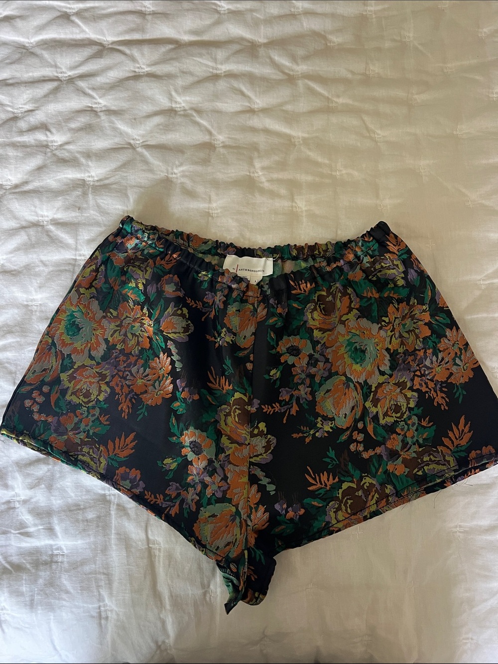 Anthropologie Black Floral High-Waist Satin Shorts
